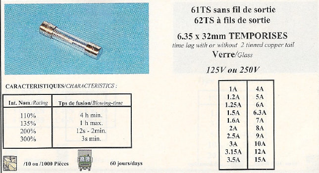 61TS sans fil de sortie 62TS à fils de sortie 6,35x32mm TEMPORISES