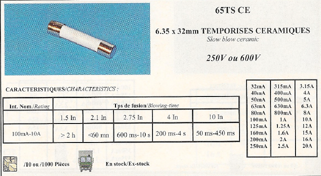 65TS CE 6,35x32mm TEMPORISES CERAMIQUES 250V ou 600V